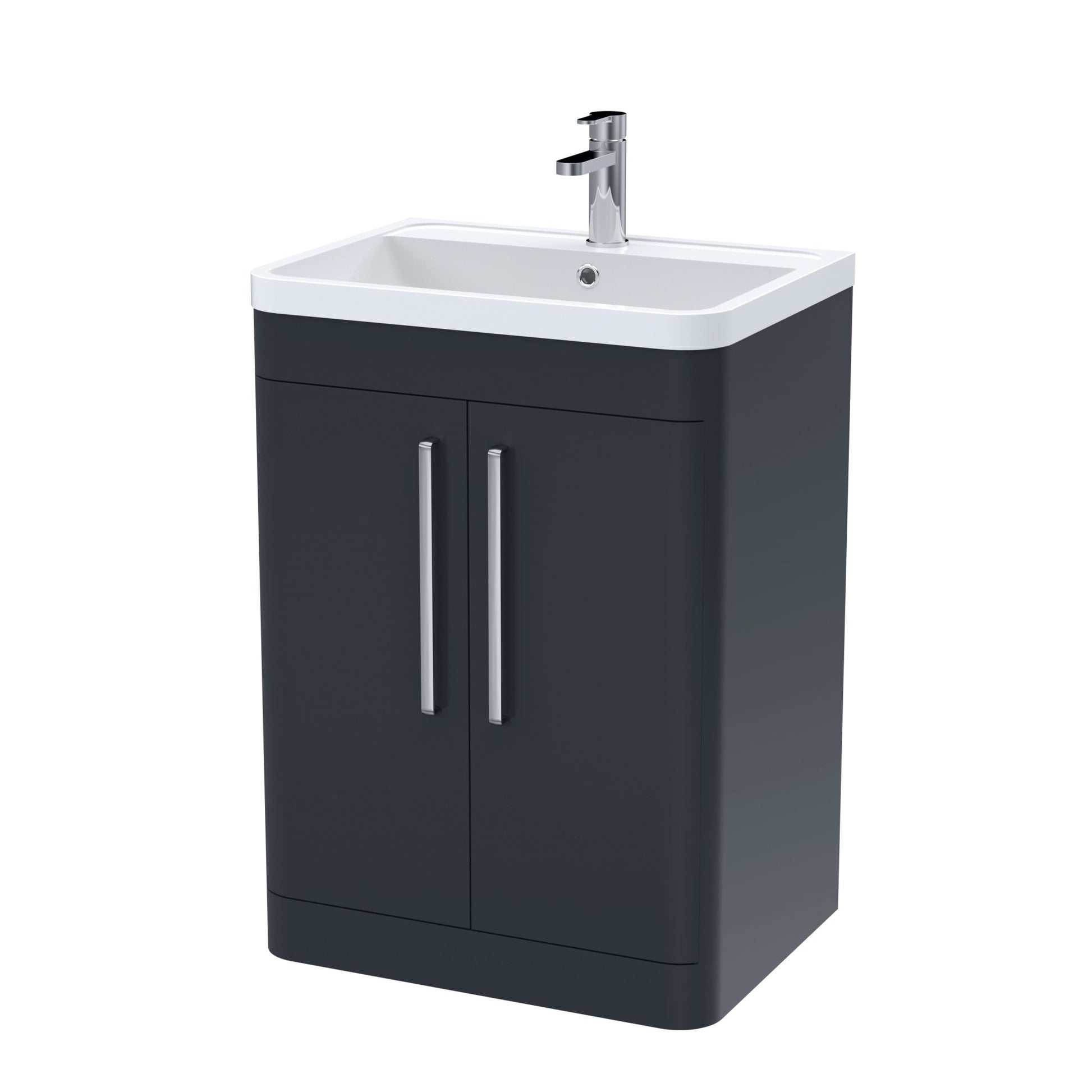 Nui Parade 600mm Floor Standing 2 Door Vanity & Polymarble Basin Contemporary Soft Black MFC Smooth Matt,polymarble 840x600x450mm - JJ Building Materials