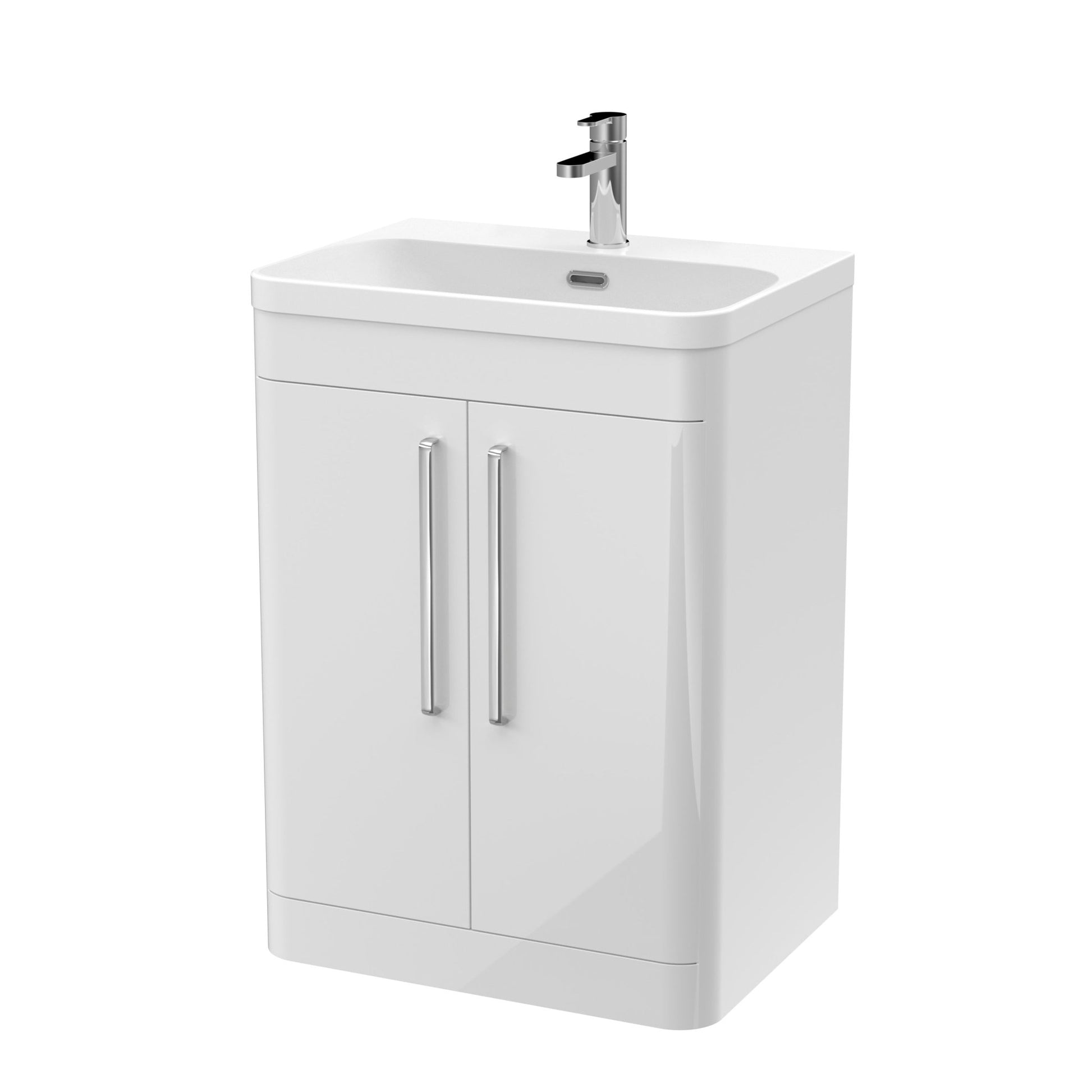 Nui Parade 600mm Floor Standing 2 Door Vanity & Thin Edge Ceramic Basin Contemporary Gloss White Ceramic,MFC Smooth Matt - JJ Building Materials