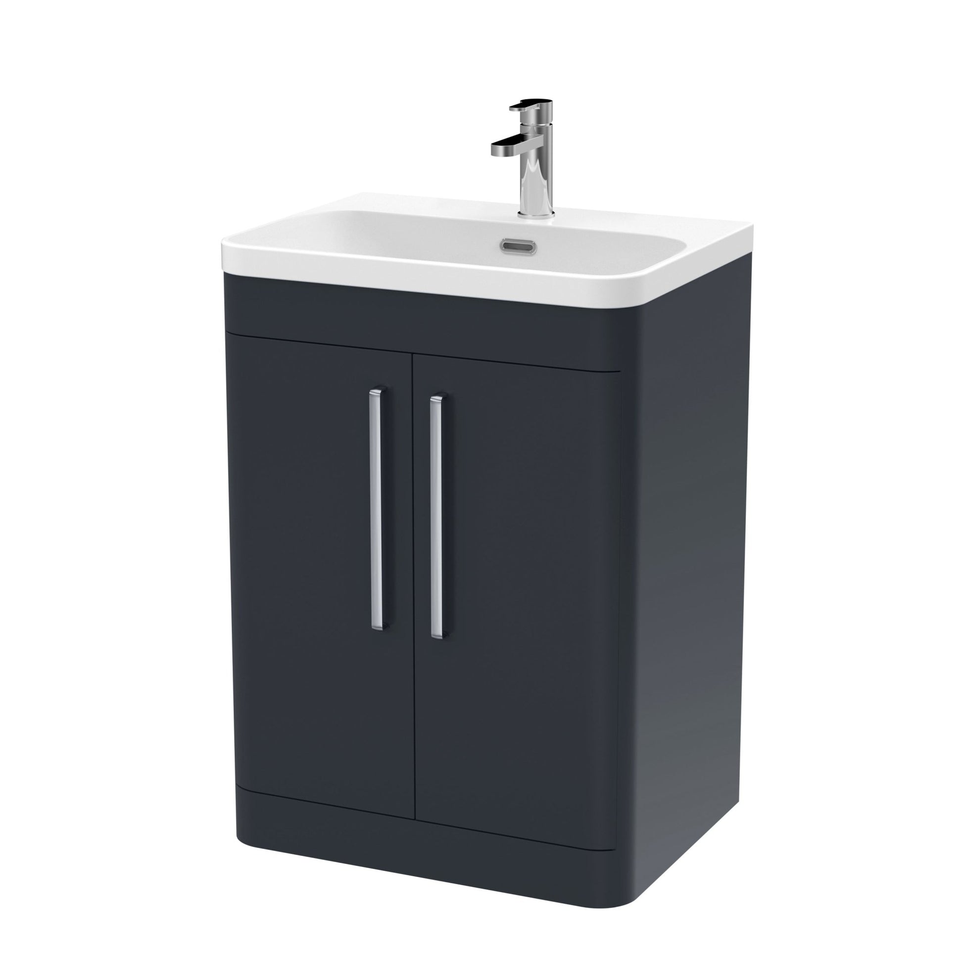 Nui Parade 600mm Floor Standing 2 Door Vanity & Thin Edge Ceramic Basin Contemporary Soft Black Ceramic,MFC Smooth Matt - JJ Building Materials