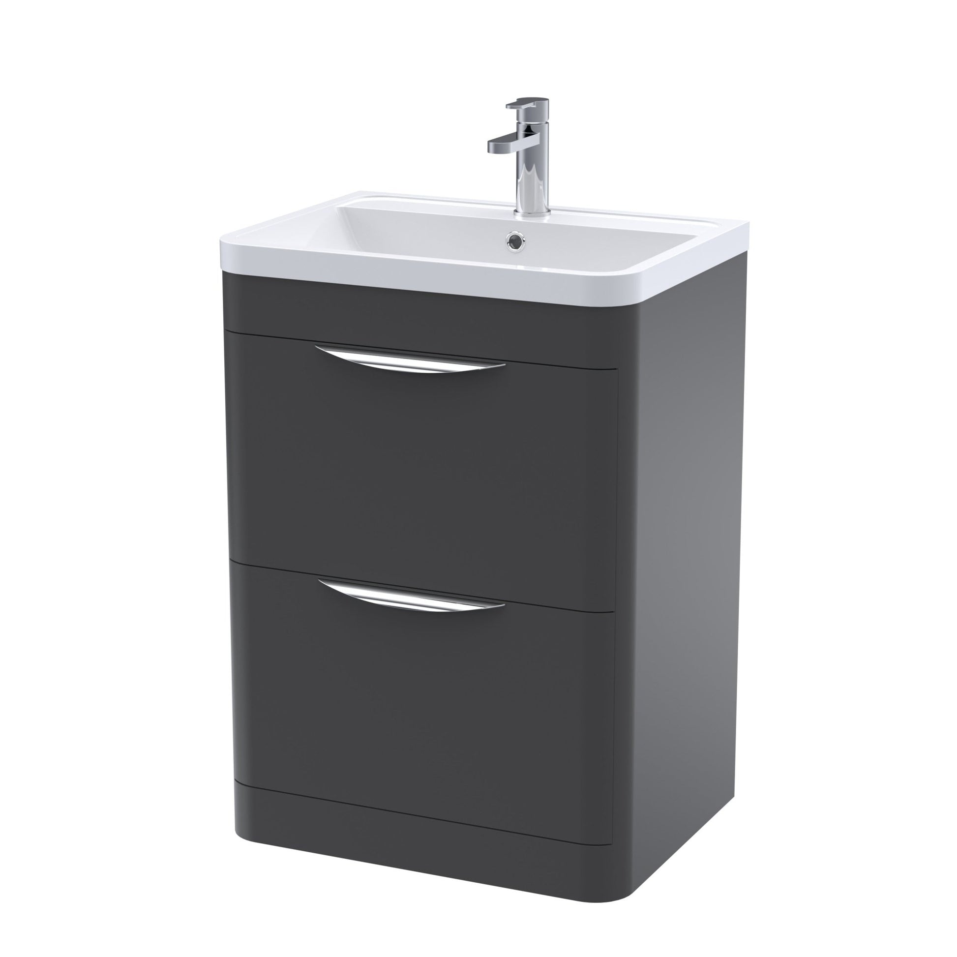 Nui Parade 600mm Floor Standing 2 Drawer Vanity & Ceramic Basin Contemporary Soft Black Ceramic,MFC Smooth Matt 840x610x450mm - JJ Building Materials