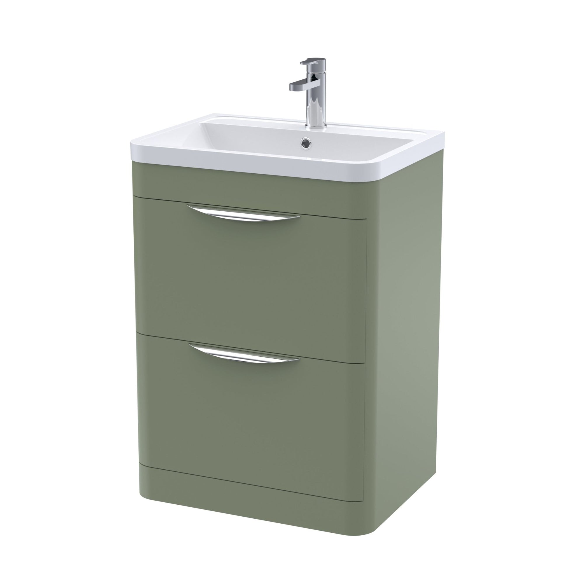 Nui Parade 600mm Floor Standing 2 Drawer Vanity & Polymarble Basin Contemporary Satin Green MFC Smooth Matt,polymarble 840x600x450mm - JJ Building Materials