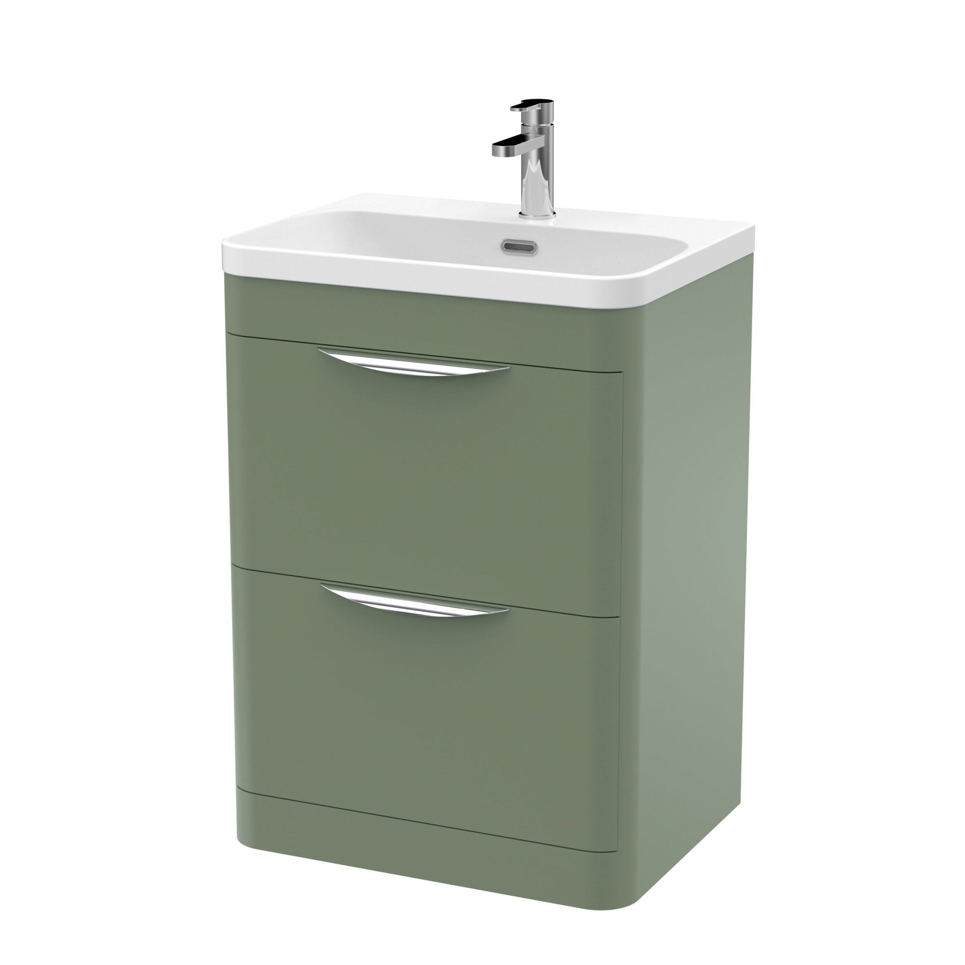 Nui Parade 600mm Floor Standing 2 Drawer Vanity & Thin Edge Ceramic Basin Contemporary Satin Green Ceramic,MFC Smooth Matt - JJ Building Materials