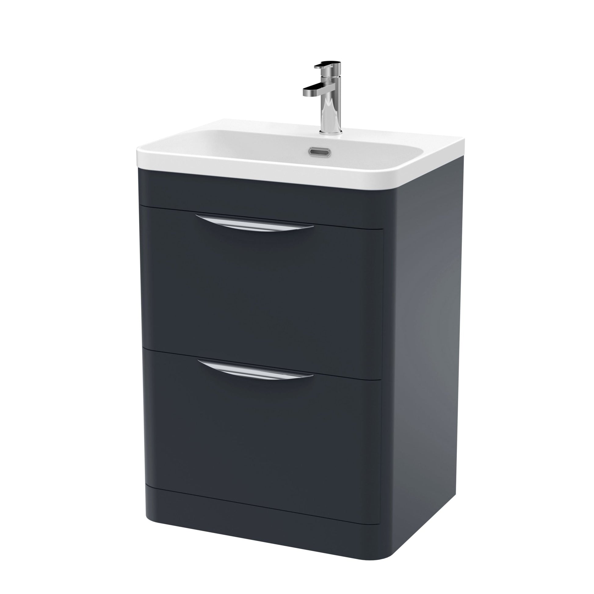 Nui Parade 600mm Floor Standing 2 Drawer Vanity & Thin Edge Ceramic Basin Contemporary Soft Black Ceramic,MFC Smooth Matt - JJ Building Materials