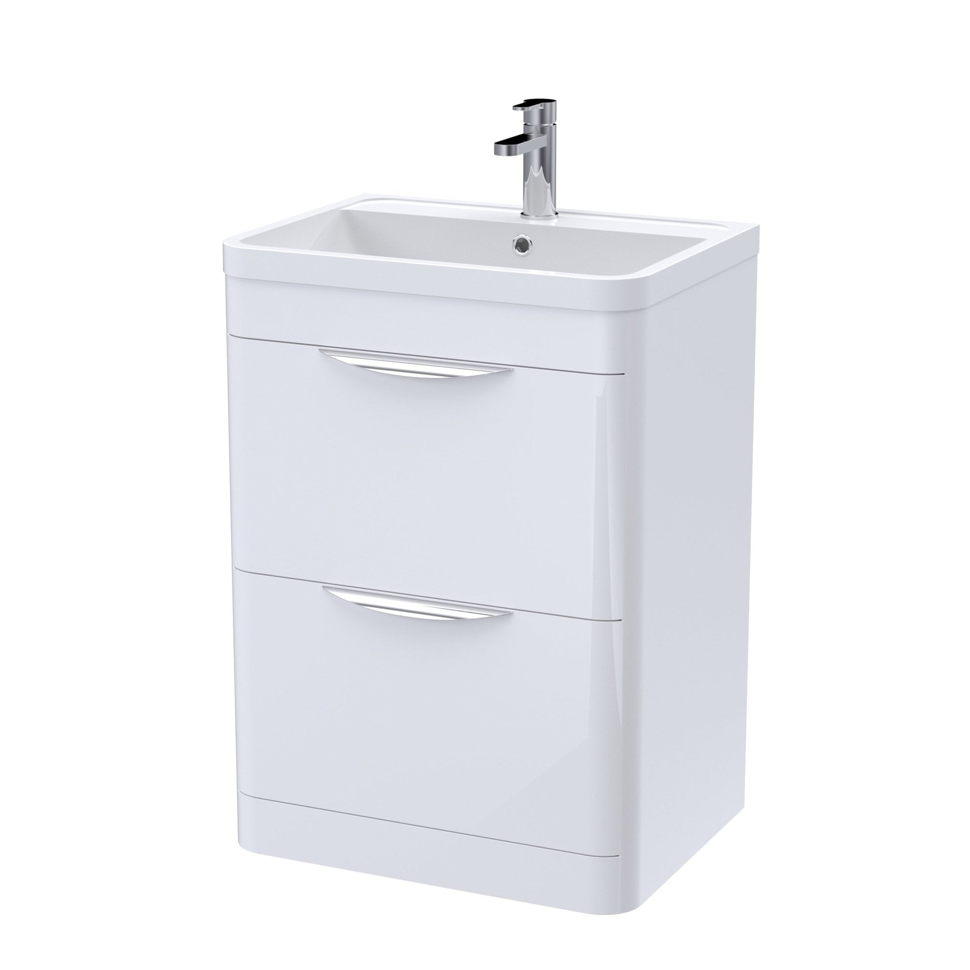 Nui Parade 600mm Floor Standing Vanity & Ceramic Basin Contemporary Gloss White Ceramic,MFC Smooth Matt 840x610x450mm - JJ Building Materials