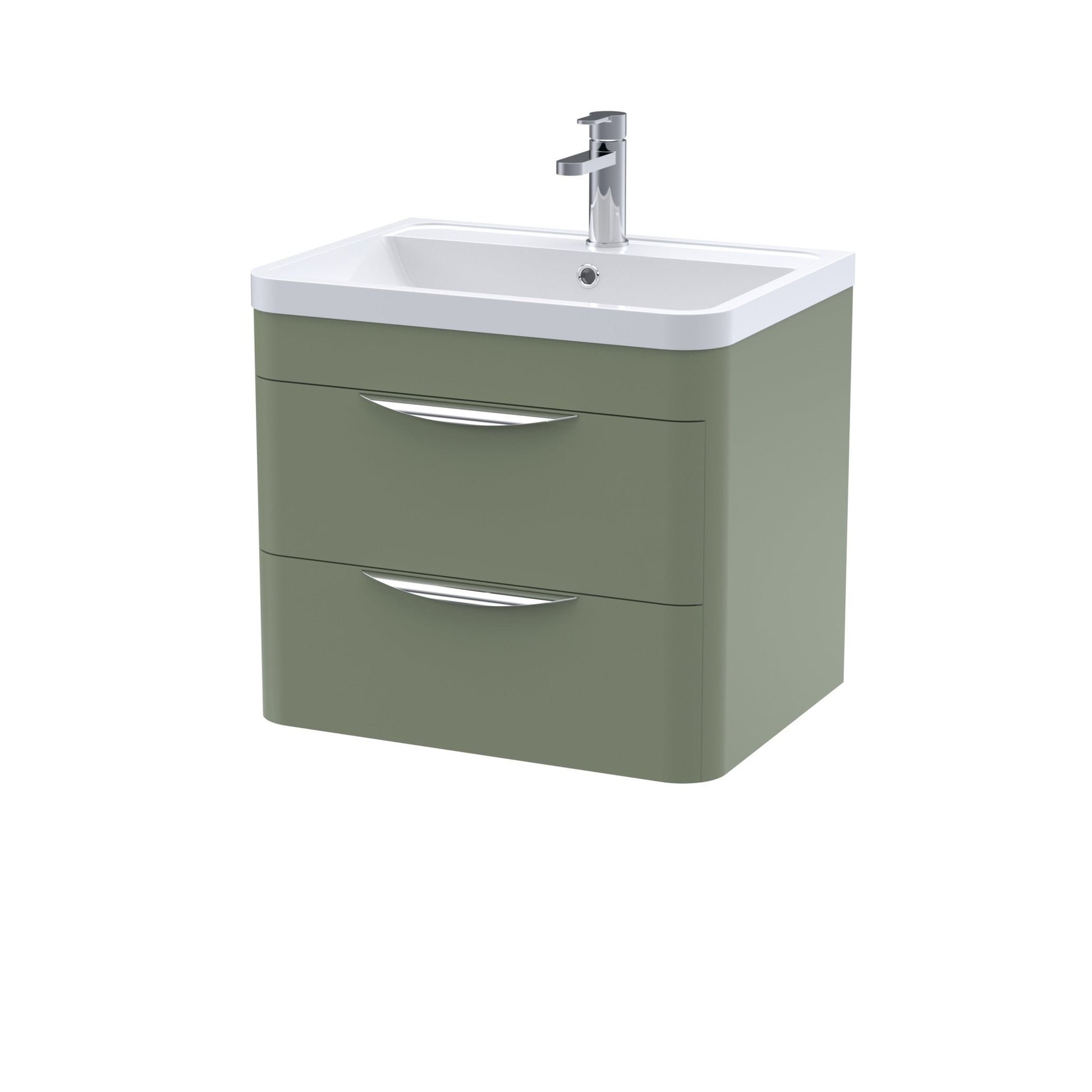Nui Parade 600mm Wall Hung 2 Drawer Vanity & Polymarble Basin Contemporary Satin Green MFC Smooth Matt,polymarble 540x800x450mm - JJ Building Materials