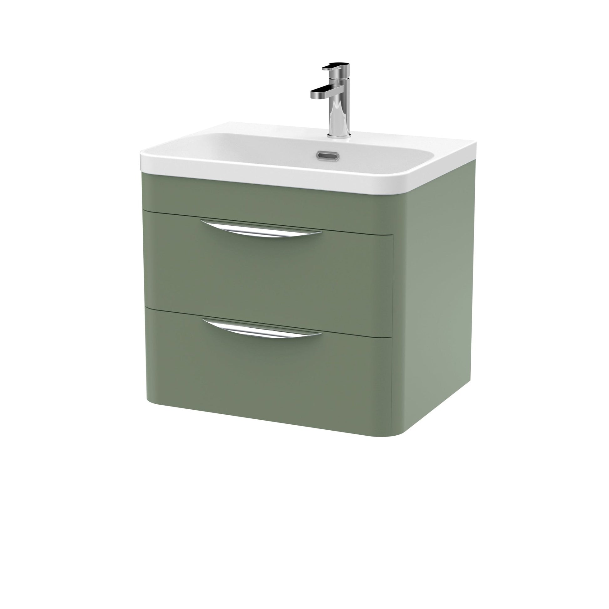 Nui Parade 600mm Wall Hung 2 Drawer Vanity & Thin Edge Ceramic Basin Contemporary Satin Green Ceramic,MFC Smooth Matt - JJ Building Materials