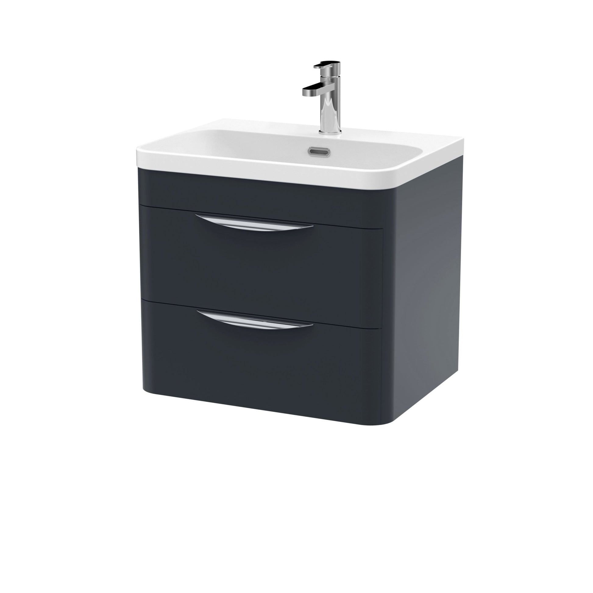Nui Parade 600mm Wall Hung 2 Drawer Vanity & Thin Edge Ceramic Basin Contemporary Soft Black Ceramic,MFC Smooth Matt - JJ Building Materials