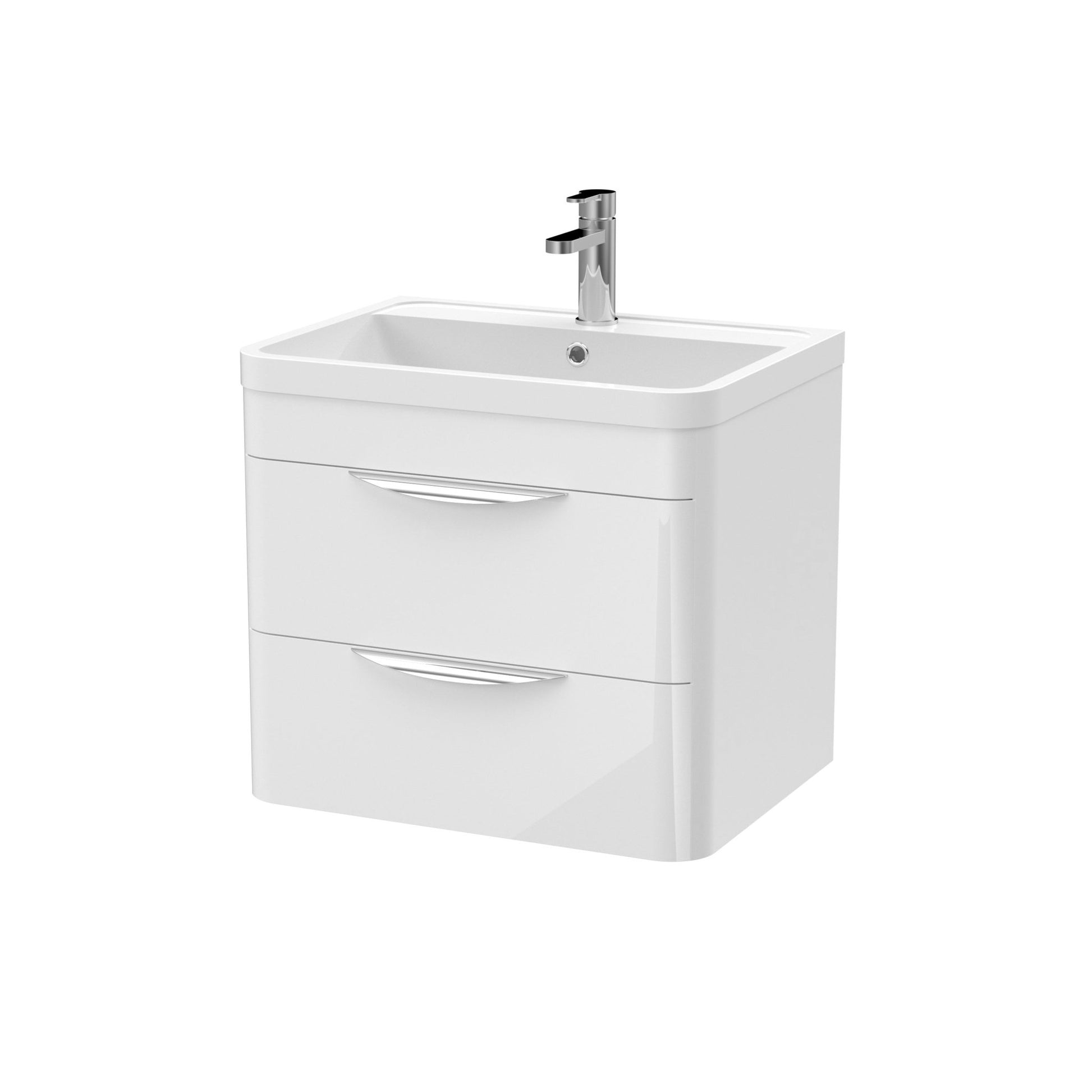 Nui Parade 600mm Wall Hung Vanity & Ceramic Basin Contemporary Gloss White Ceramic,MFC Smooth Matt 540x610x450mm - JJ Building Materials