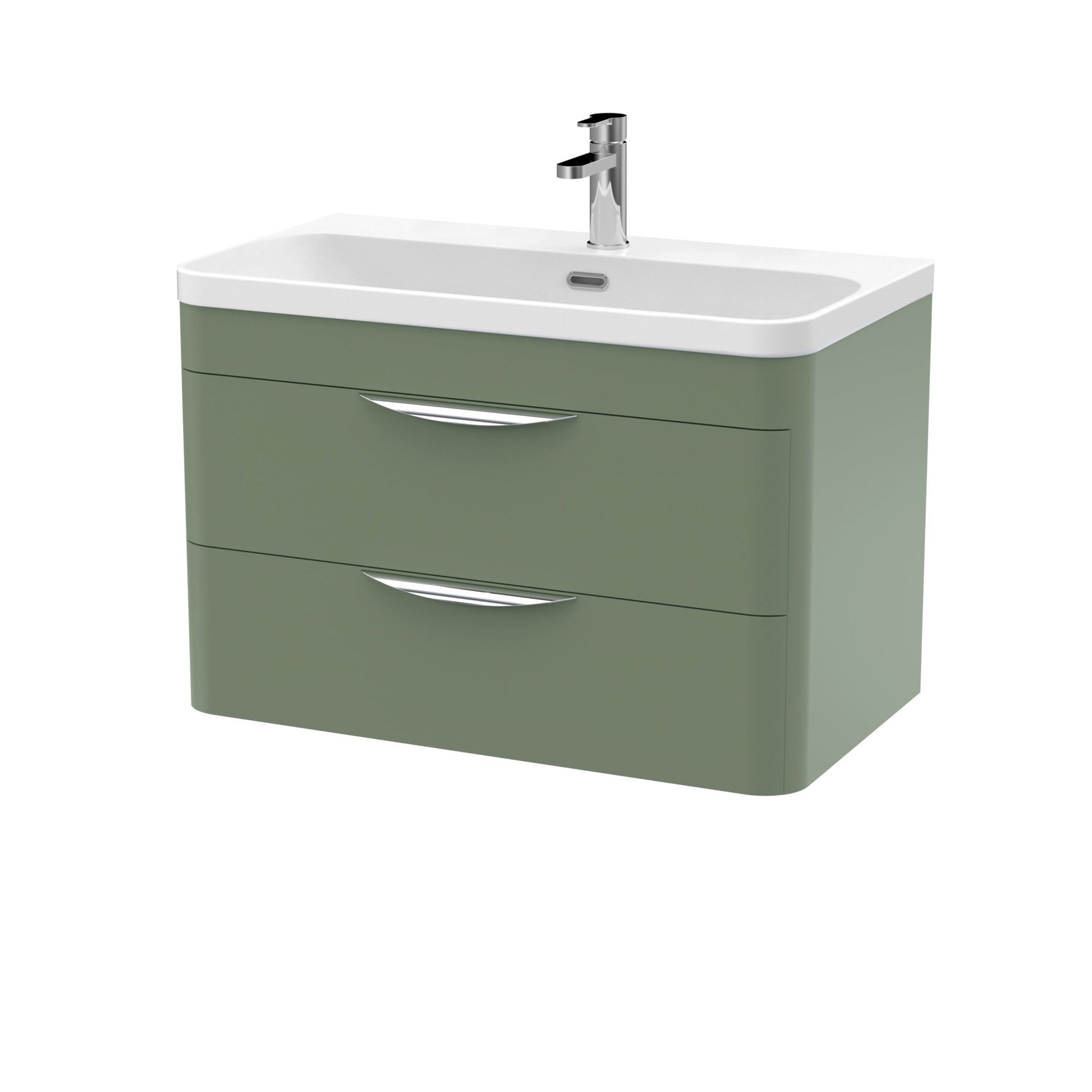 Nui Parade 800mm Wall Hung 2 Drawer Vanity & Thin Edge Ceramic Basin Contemporary Satin Green Ceramic,MFC Smooth Matt - JJ Building Materials