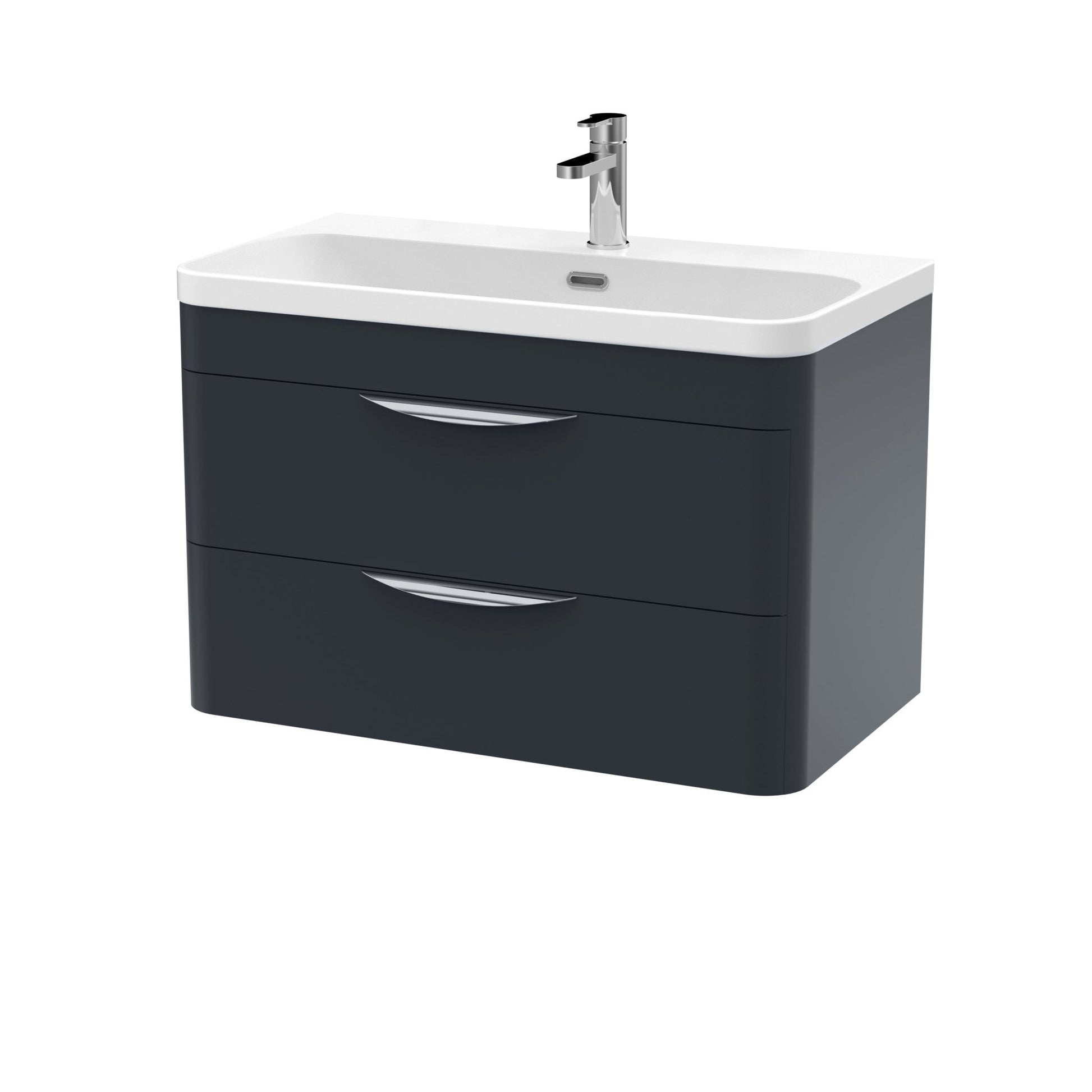 Nui Parade 800mm Wall Hung 2 Drawer Vanity & Thin Edge Ceramic Basin Contemporary Soft Black Ceramic,MFC Smooth Matt - JJ Building Materials