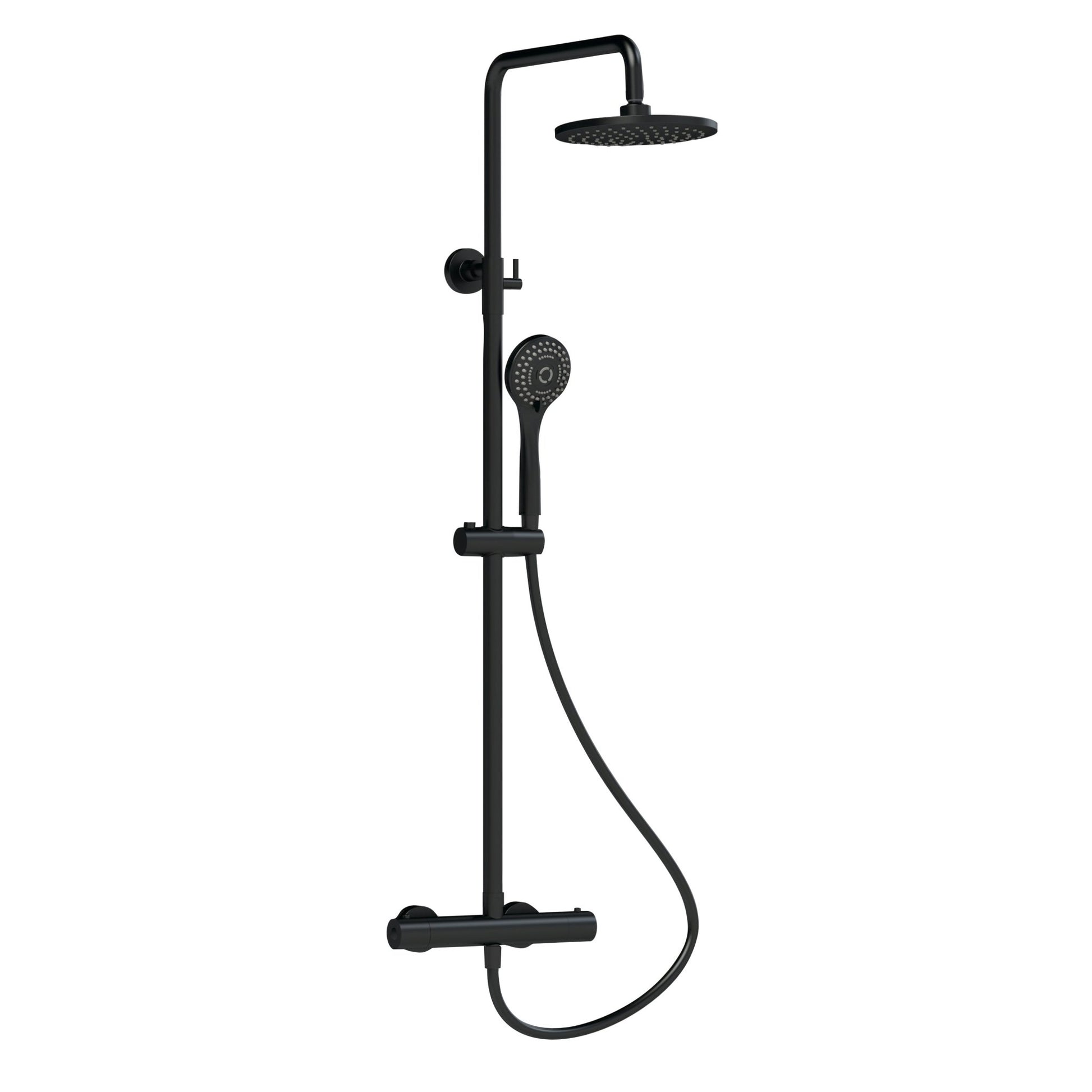 Nui Round Thermostatic Bar Valve & Shower Kit Contemporary Matt Black Brass ABS 1245x267x429mm - JJ Building Materials