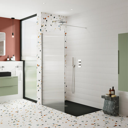 Nuie 1000mm Fluted Wetroom Screen With Support Bar Contemporary Chrome Aluminium 1850x1000x13mm - JJ Building Materials