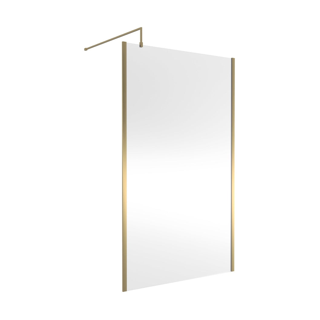 Nuie 1200mm Outer Framed Wetroom Screen With Support Bar Contemporary Brushed Brass Aluminium 1850x1200x14mm - JJ Building Materials