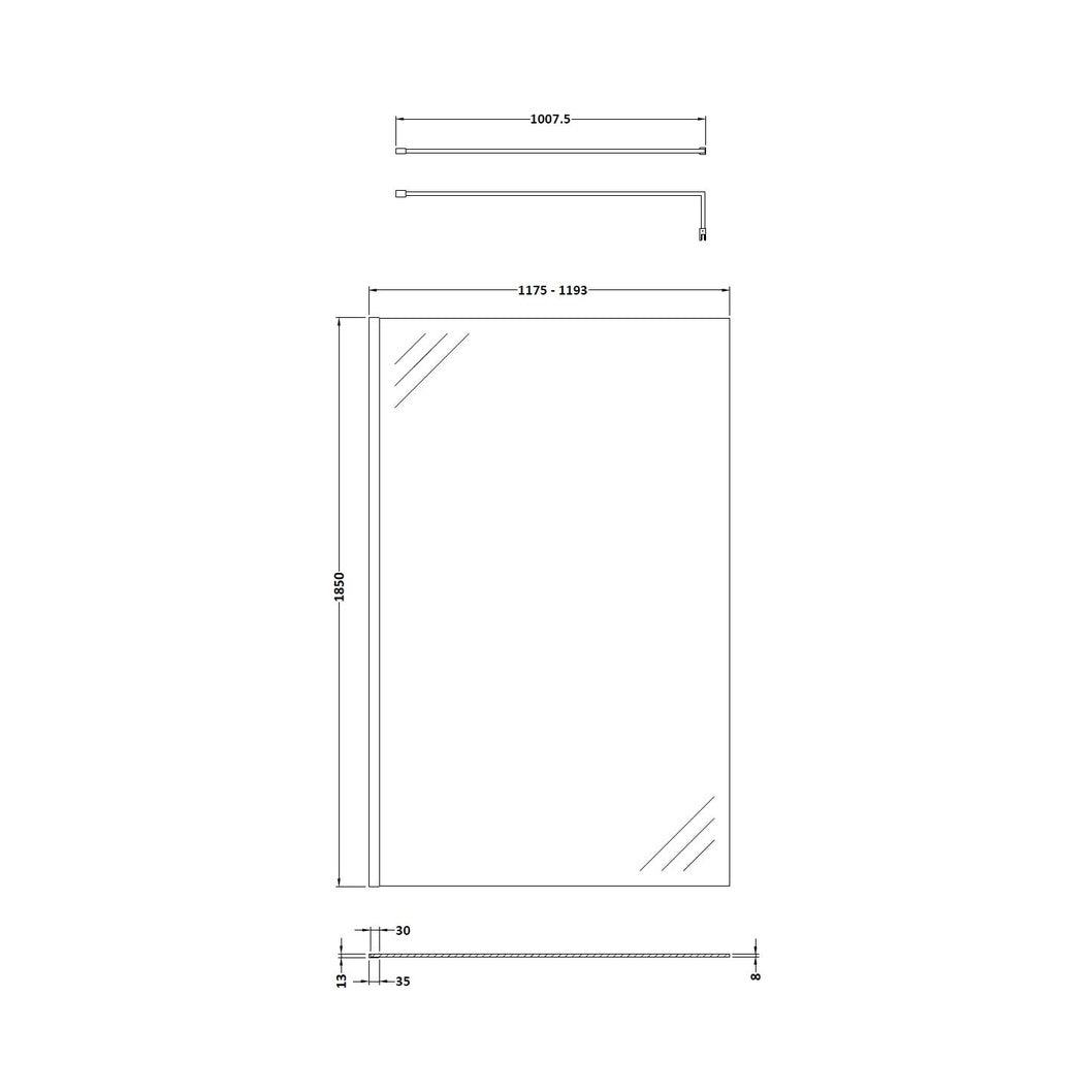 Nuie 1200mm Wetroom Screen & Support Bar Contemporary Chrome Aluminium 1850x1198x14mm - JJ Building Materials