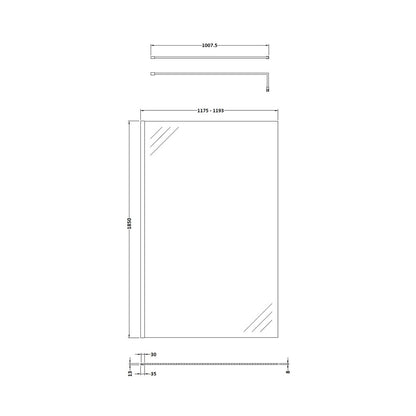 Nuie 1200mm Wetroom Screen With Support Bar Contemporary Matt Black Aluminium 1850x1200x14mm - JJ Building Materials