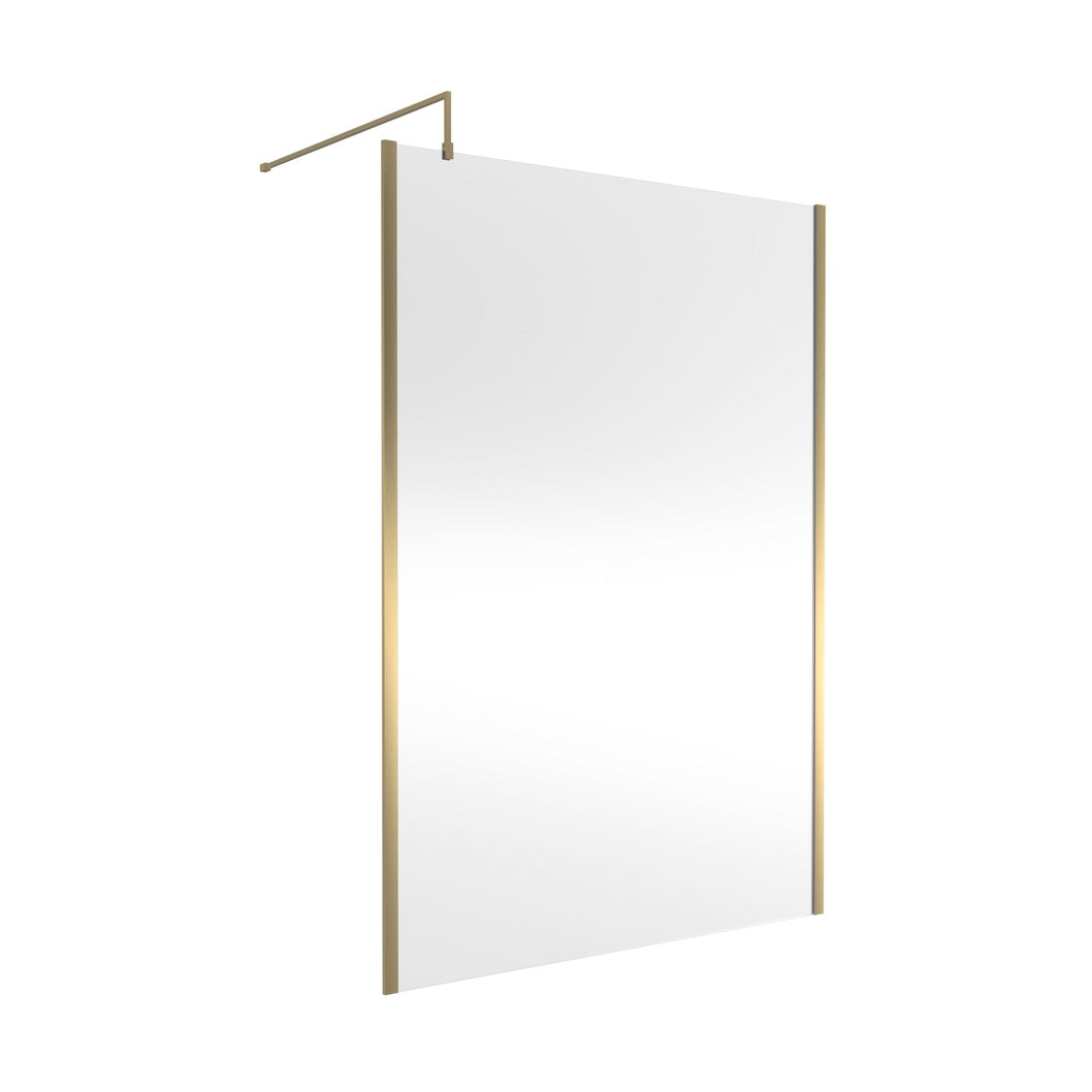 Nuie 1400mm Outer Framed Wetroom Screen With Support Bar Contemporary Brushed Brass Aluminium 1850x1400x14mm - JJ Building Materials