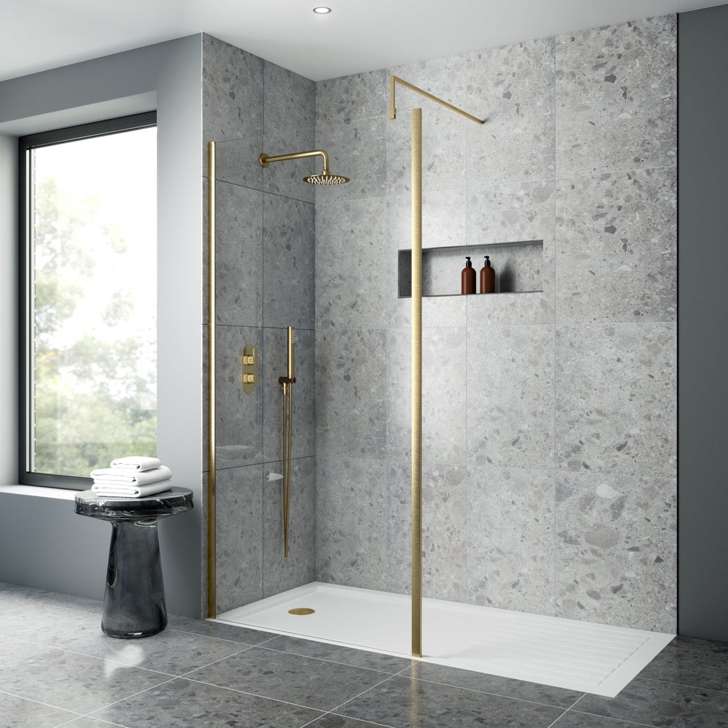 Nuie 1400mm Outer Framed Wetroom Screen With Support Bar Contemporary Brushed Brass Aluminium 1850x1400x14mm - JJ Building Materials