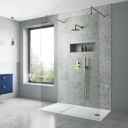 Nuie 1400mm Wetroom Screen With Support Bar Contemporary Brushed Brass Aluminium 1850x1400x14mm - JJ Building Materials