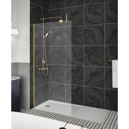 Nuie 1400mm Wetroom Screen With Support Bar Contemporary Brushed Brass Aluminium 1850x1400x14mm - JJ Building Materials