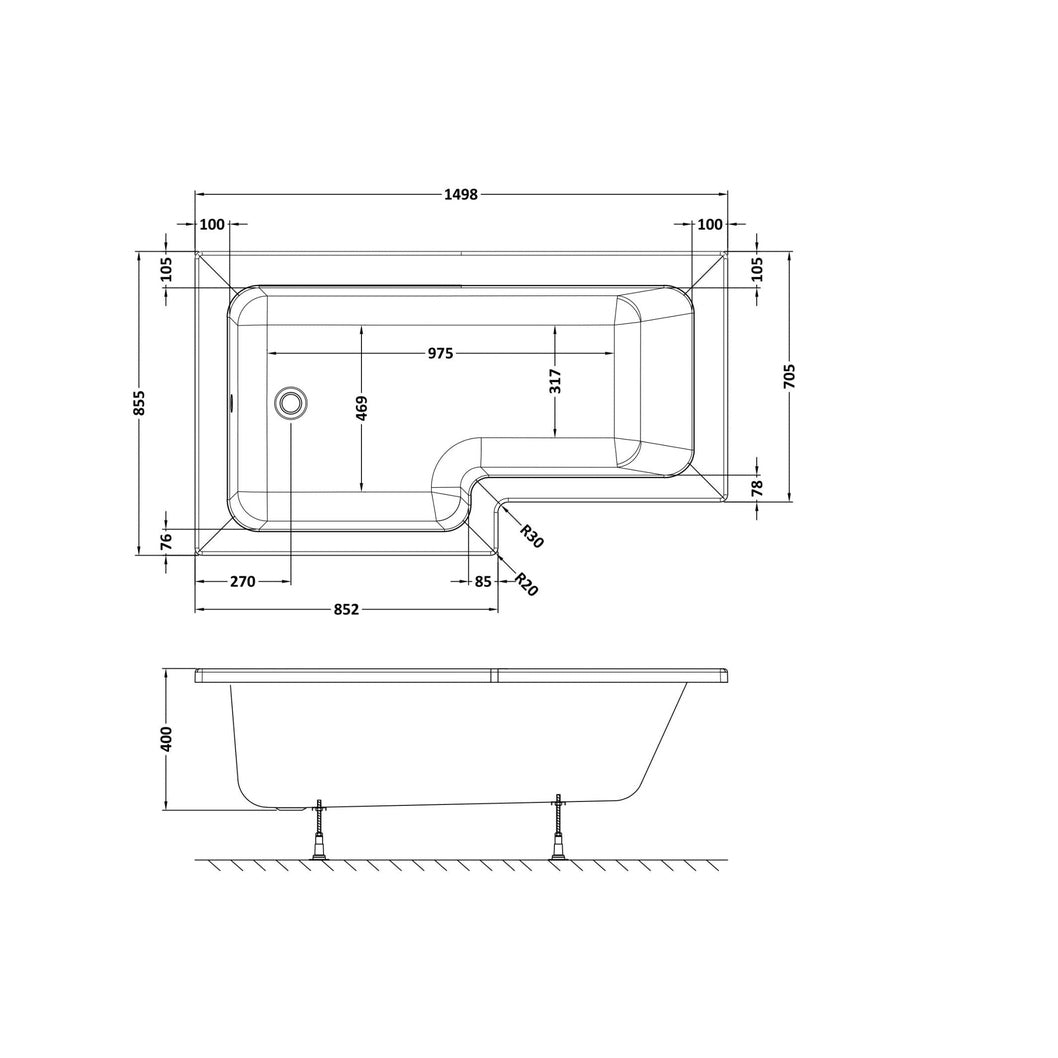 Nuie 1500mm Left Hand Square Shower Bath Contemporary White Acrylic 390x850x390mm - JJ Building Materials