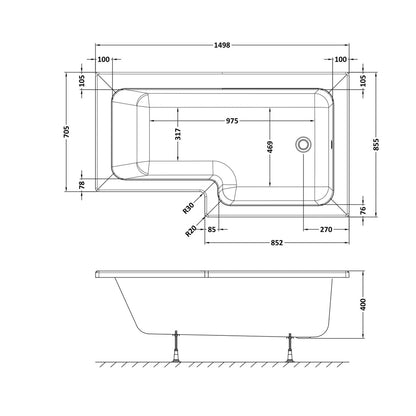 Nuie 1500mm Right Hand Square Shower Bath Contemporary White Acrylic 390x850x390mm - JJ Building Materials