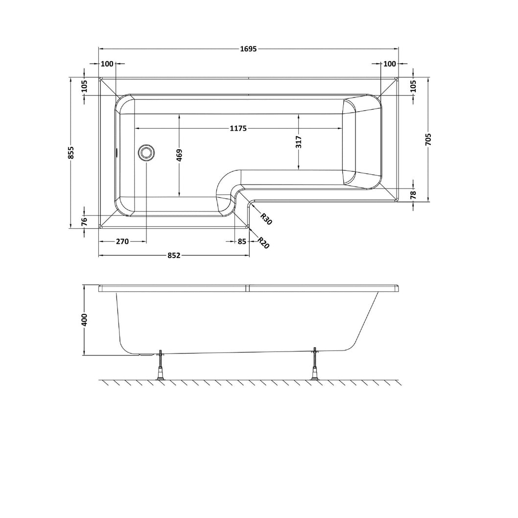 Nuie 1700mm Left Hand Square Shower Bath Contemporary White Acrylic - JJ Building Materials