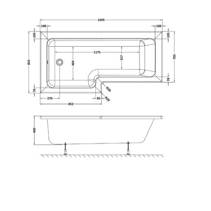 Nuie 1700mm Left Hand Square Shower Bath Contemporary White Acrylic - JJ Building Materials