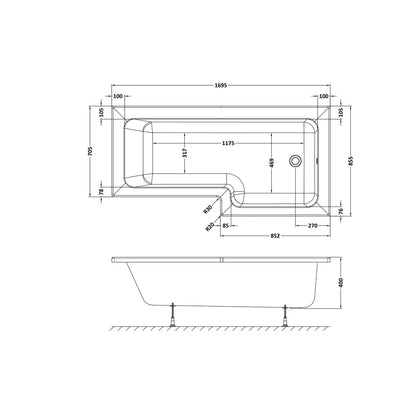 Nuie 1700mm Right Hand Square Shower Bath Contemporary White Acrylic - JJ Building Materials