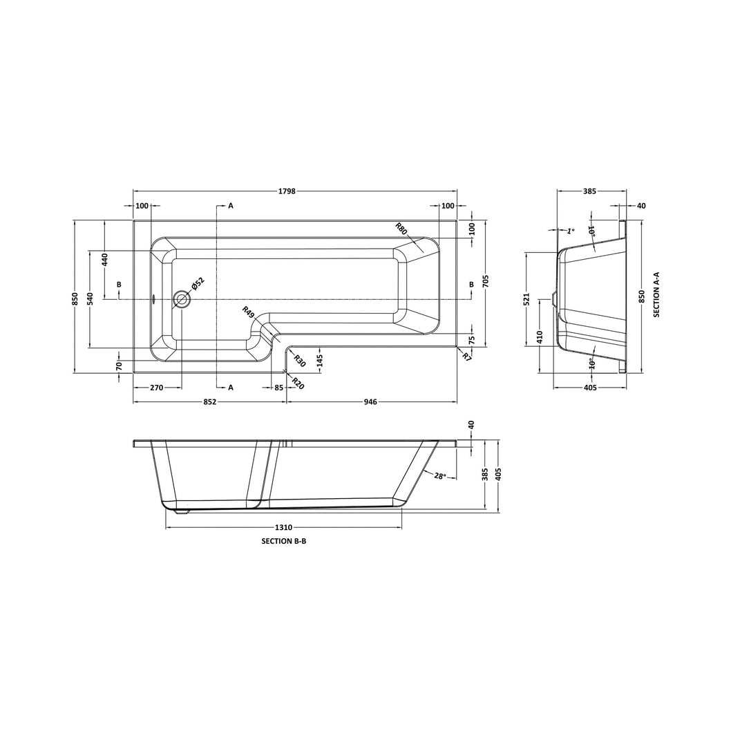Nuie 1800mm Left Hand Square Shower Bath Contemporary White Acrylic - JJ Building Materials