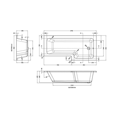 Nuie 1800mm Right Hand Square Shower Bath Contemporary White Acrylic - JJ Building Materials