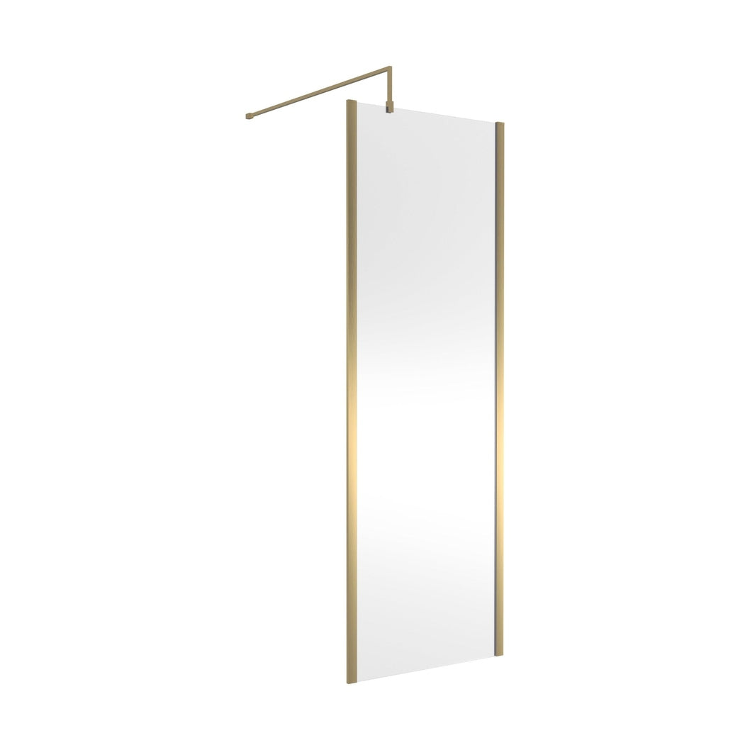 Nuie 700mm Outer Framed Wetroom Screen With Support Bar Contemporary Brushed Brass Aluminium 1850x700x14mm - JJ Building Materials