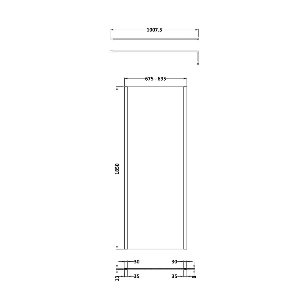Nuie 700mm Outer Framed Wetroom Screen With Support Bar Contemporary Brushed Brass Aluminium 1850x700x14mm - JJ Building Materials