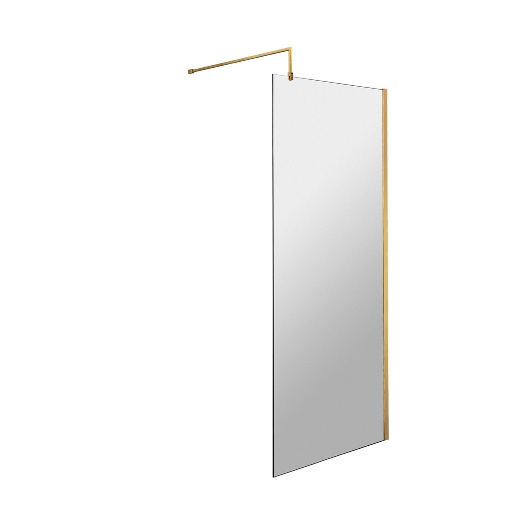 Nuie 700mm Wetroom Screen With Support Bar Contemporary Brushed Brass Aluminium 1850x700x14mm - JJ Building Materials