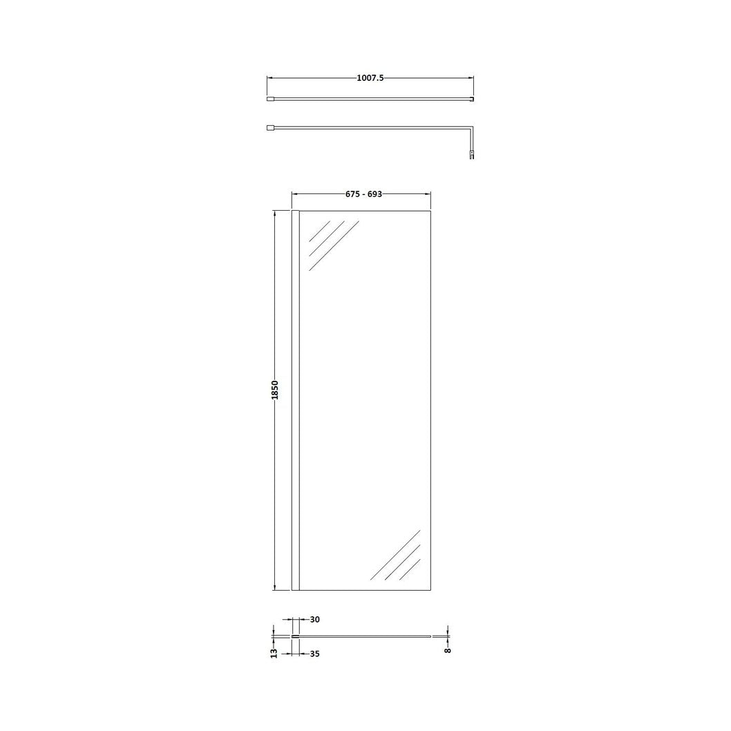 Nuie 700mm Wetroom Screen With Support Bar Contemporary Brushed Brass Aluminium 1850x700x14mm - JJ Building Materials