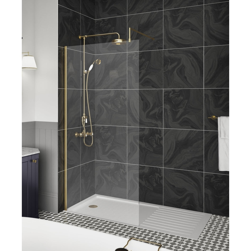 Nuie 700mm Wetroom Screen With Support Bar Contemporary Brushed Brass Aluminium 1850x700x14mm - JJ Building Materials