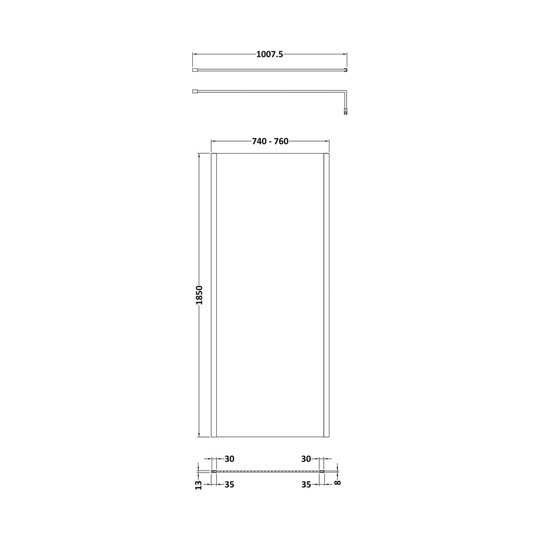 Nuie 760mm Wetroom Screen Outer Frame 1850x8mm - Brushed Pewter Contemporary Aluminium 1850x758x13mm - JJ Building Materials