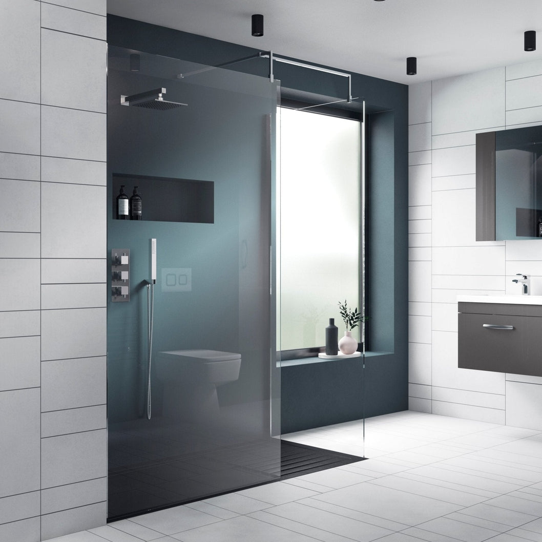 Nuie 760mm Wetroom Screen & Support Bar Contemporary Chrome Aluminium 1850x758x14mm - JJ Building Materials