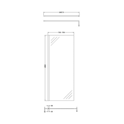 Nuie 760mm Wetroom Screen With Support Bar Contemporary Matt Black Aluminium 1850x760x14mm - JJ Building Materials