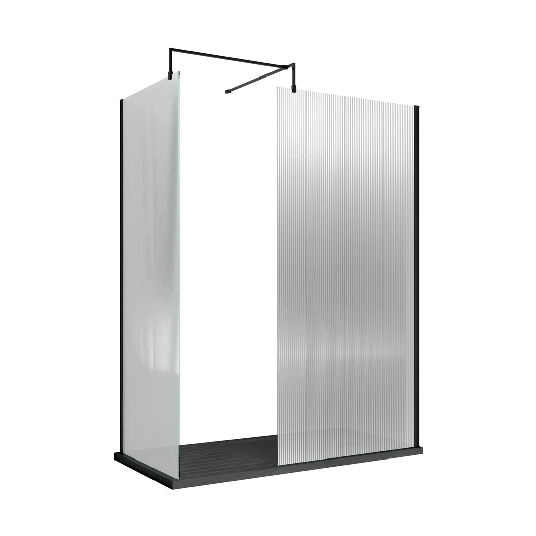 Nuie 900mm Fluted Wetroom Screen With Support Bar Contemporary Matt Black Aluminium 1850x900x13mm - JJ Building Materials