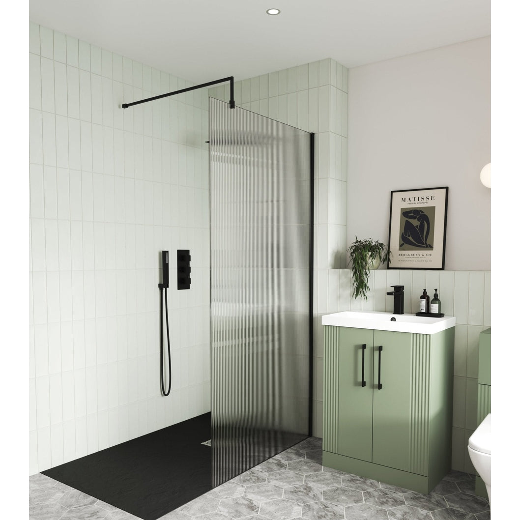 Nuie 900mm Fluted Wetroom Screen With Support Bar Contemporary Matt Black Aluminium 1850x900x13mm - JJ Building Materials