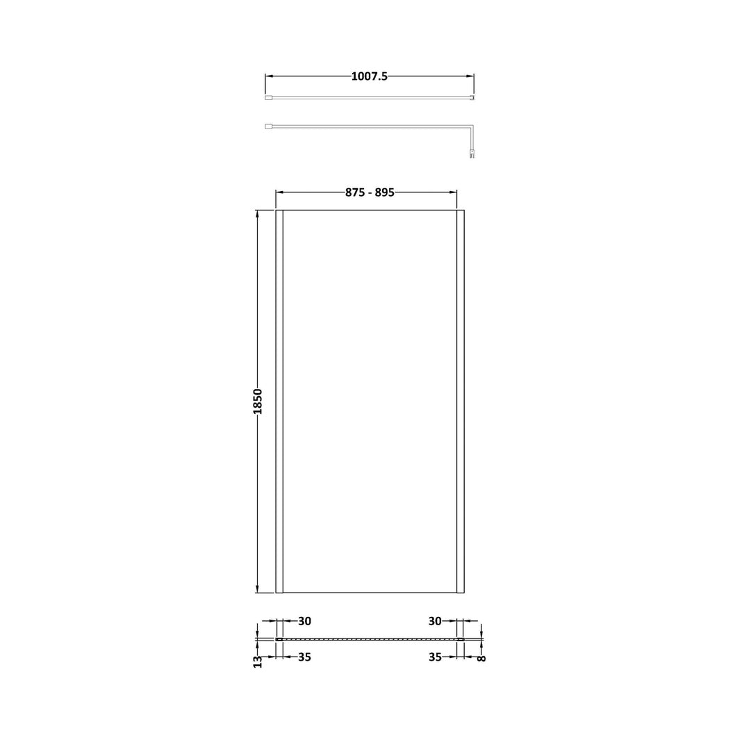 Nuie 900mm Outer Framed Wetroom Screen With Support Bar Contemporary Matt Black Aluminium 1850x900x14mm - JJ Building Materials