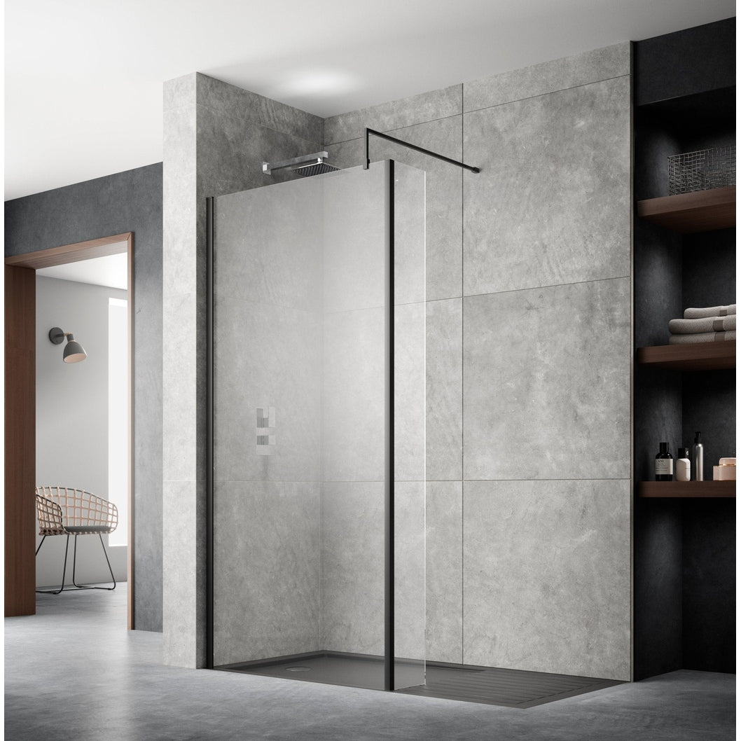 Nuie 900mm Wetroom Screen With Support Bar Contemporary Matt Black Aluminium 1850x900x14mm - JJ Building Materials