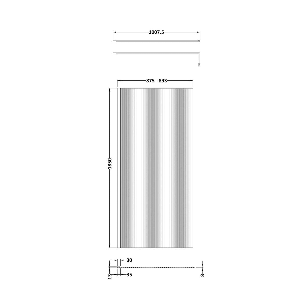 Nuie 900x1850 Fluted Wetroom Screen Inc' Bar Contemporary Brushed Brass Aluminium 1850x900x13mm - JJ Building Materials