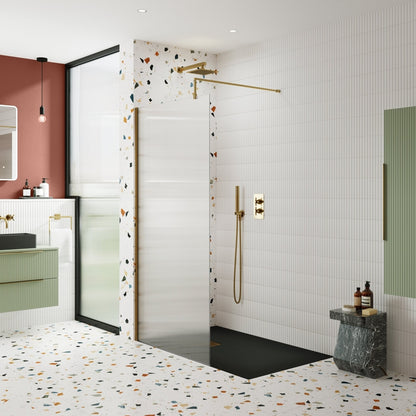 Nuie 900x1850 Fluted Wetroom Screen Inc' Bar Contemporary Brushed Brass Aluminium 1850x900x13mm - JJ Building Materials