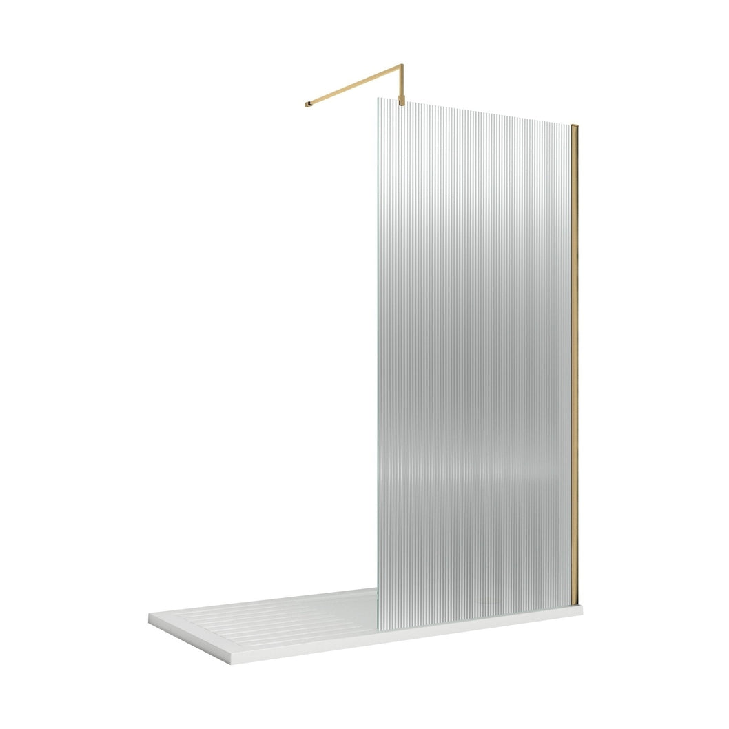 Nuie 900x1850 Fluted Wetroom Screen Inc' Bar Contemporary Brushed Brass Aluminium 1850x900x13mm - JJ Building Materials
