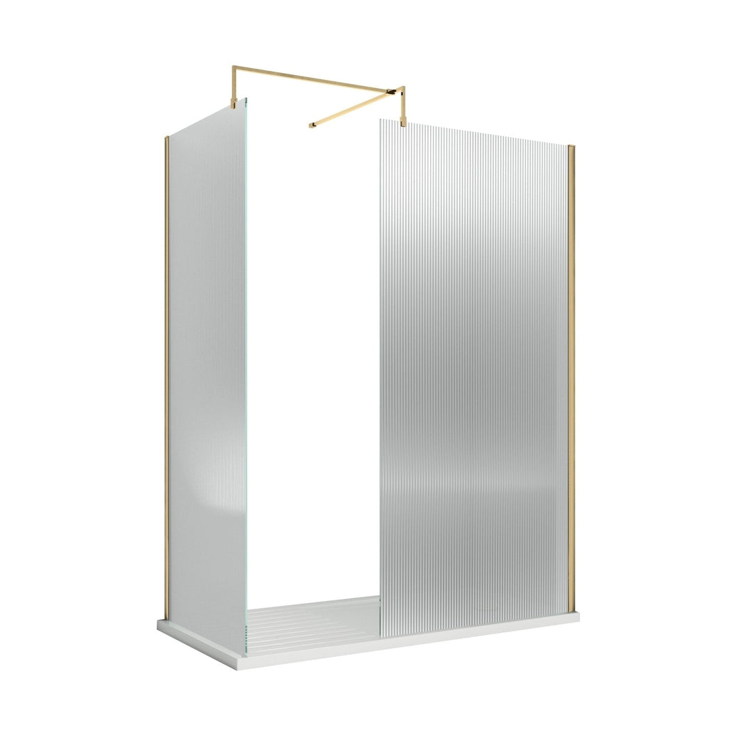 Nuie 900x1850 Fluted Wetroom Screen Inc' Bar Contemporary Brushed Brass Aluminium 1850x900x13mm - JJ Building Materials