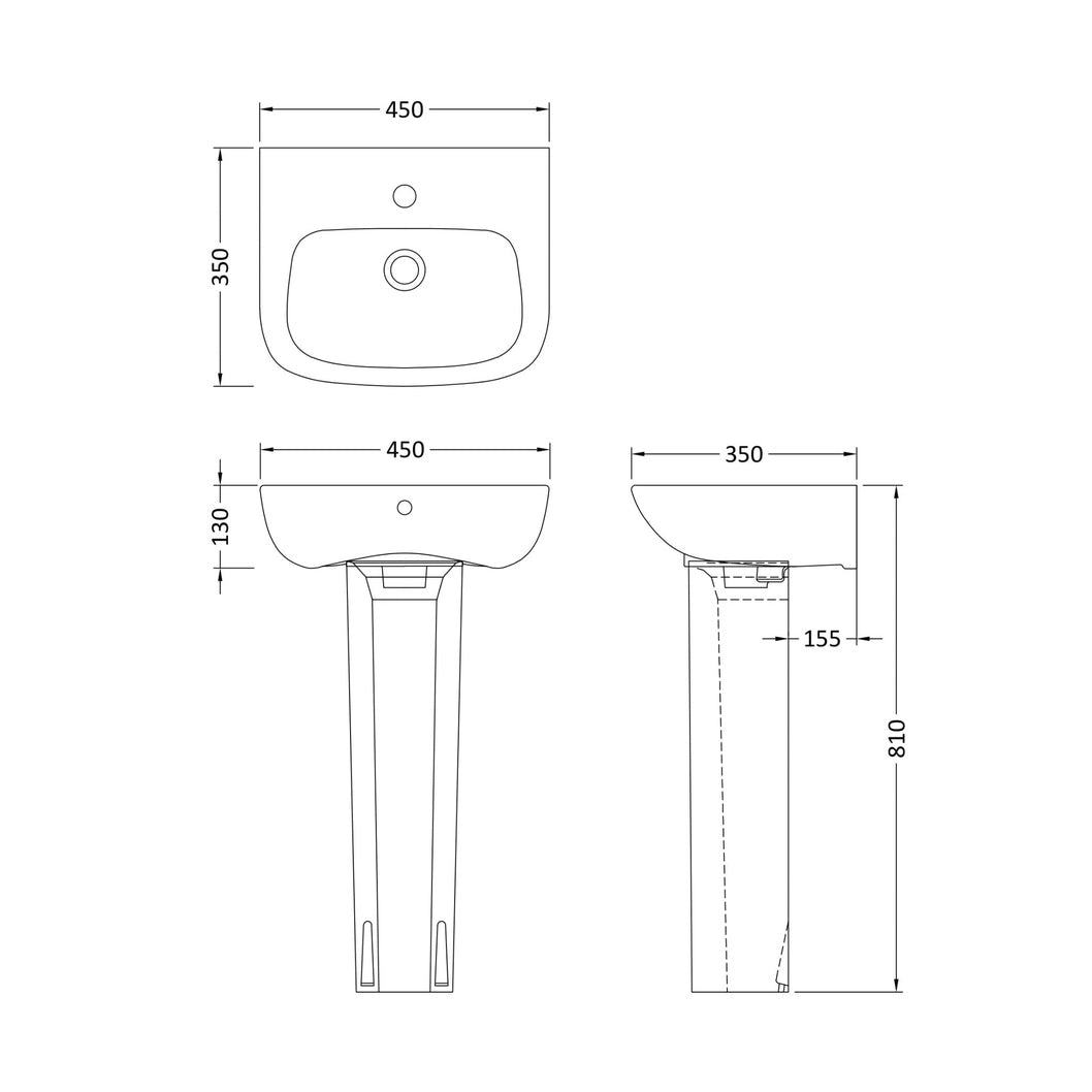 Nuie Ambrose 450mm Basin & Pedestal Contemporary White Vitreous China 810x450x350mm - JJ Building Materials