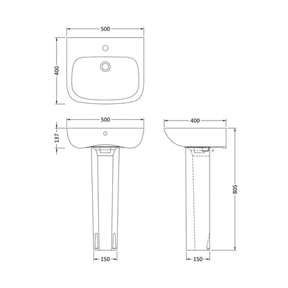 Nuie Ambrose 500mm Basin & Pedestal Contemporary White Vitreous China 805x500x400mm - JJ Building Materials