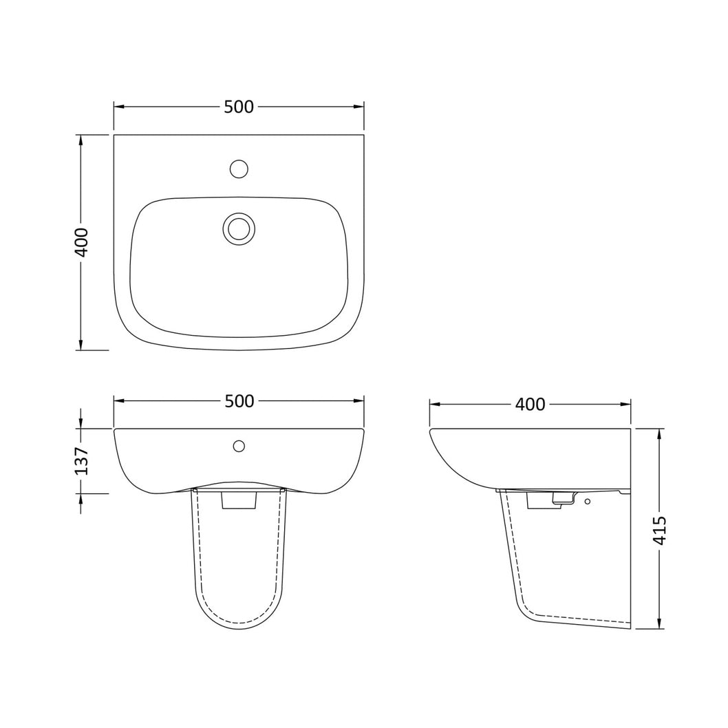 Nuie Ambrose 500mm Basin & Semi Pedestal Contemporary White Vitreous China 415x500x400mm - JJ Building Materials