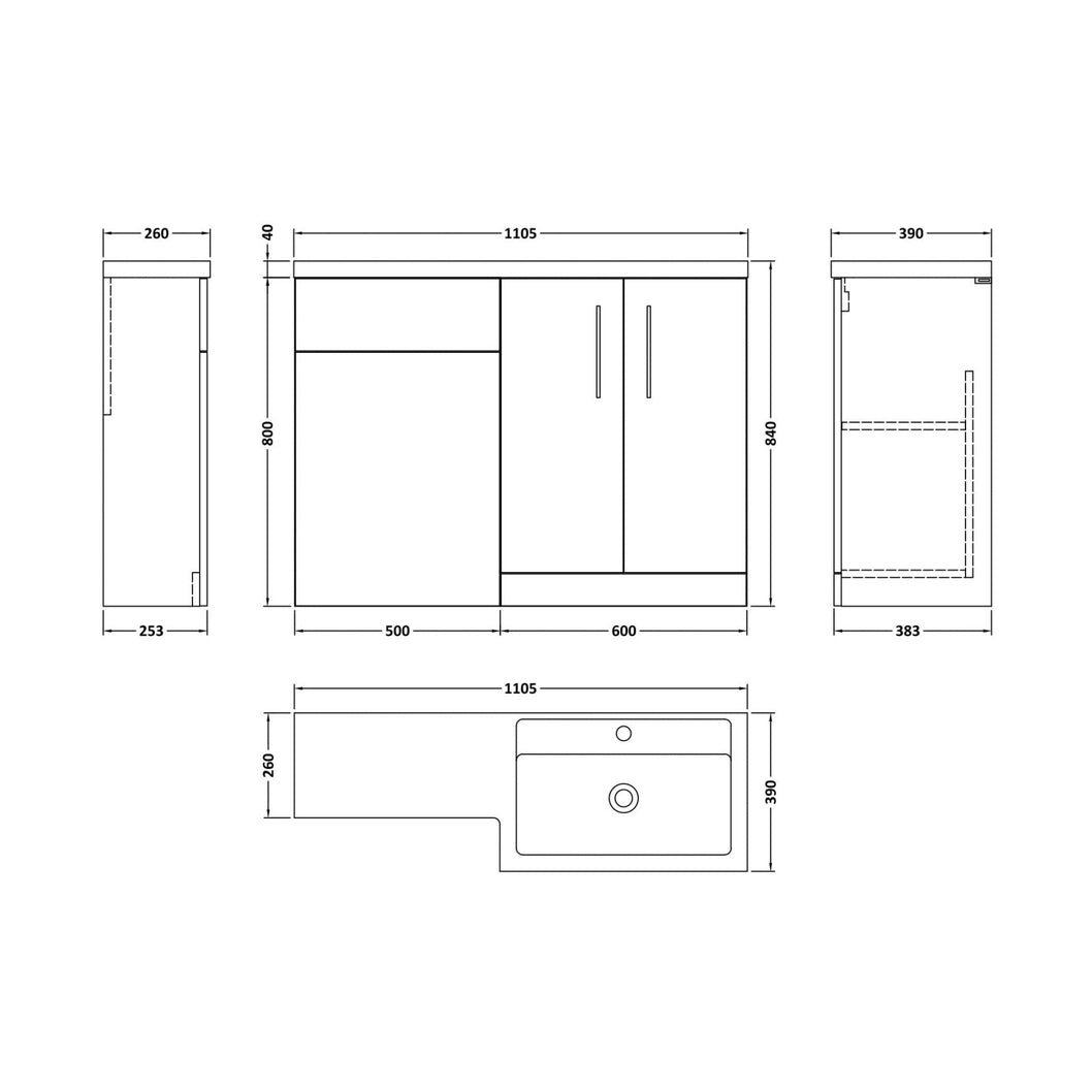 Nuie Arno 1100mm Right Hand Combination Contemporary Soft Black MFC Painted Matt 858x1105x390mm - JJ Building Materials